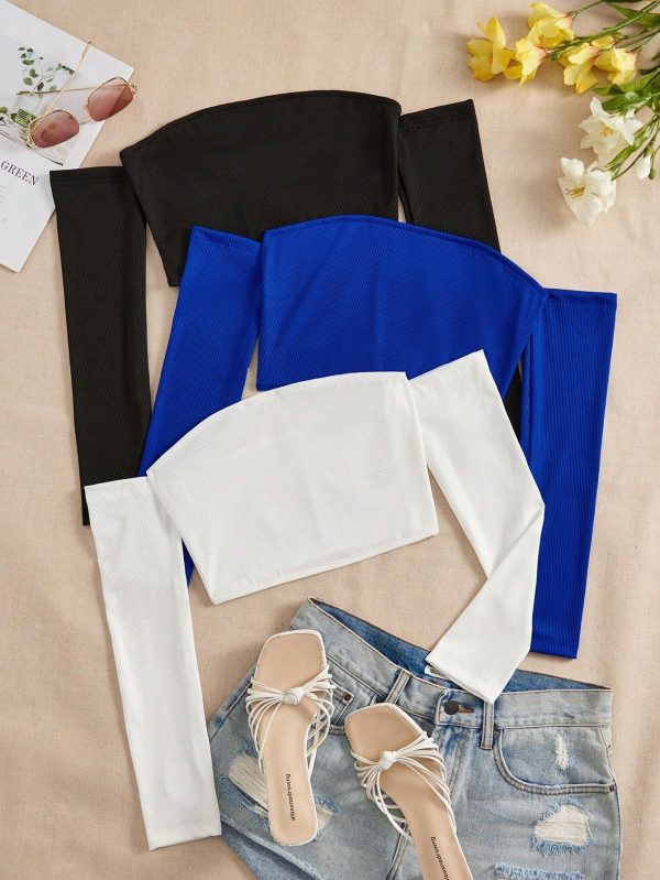 3pcs Women's Solid Color Off-Shoulder Long Sleeve Crop Top Set, Spring/Summer