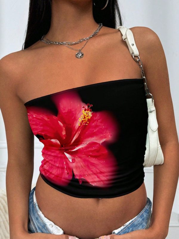 Y2K Hibiscus Flower Print Tube Top, Bandeau Top
