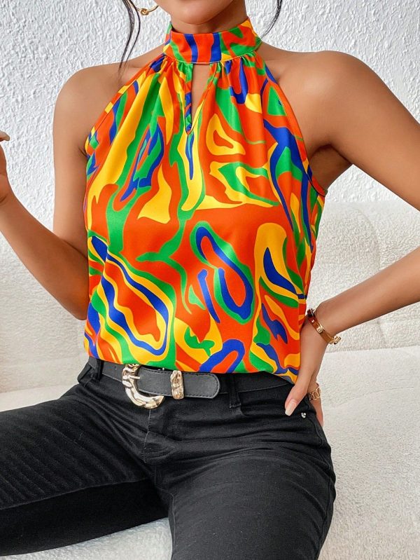 Allover Print Keyhole Neckline Halter Blouse