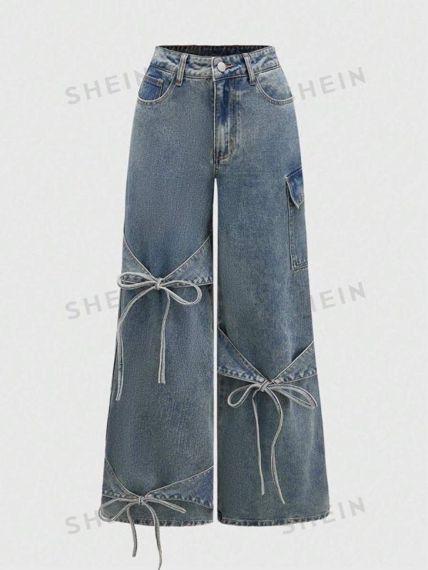 ROMWE Kawaii Women's Loose Fit Wide Leg Jeans With Bowknot Belt Design, Casual Style
