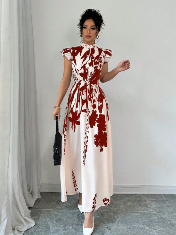 Women's Casual Floral Print Cap Sleeve Long Dress, Summer