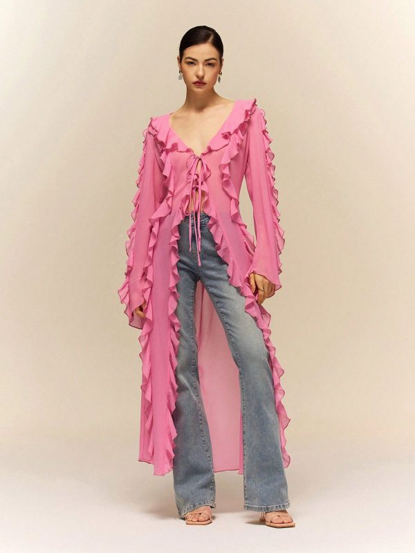 Dreamy Pink Long Shirt, Ruffled Tulle Is Romantic And Elegant, Beach Women Tops, Wedding Season, Summer Tops, Summer Women Outfit, Women's Elegant Solid Color Ruffle Tie Neck Long Shirt, Light Tulle Material, Ruffled Design Adds Sweet And Smart, Fairy Full Pink Shirt, Long Design More Elegant,