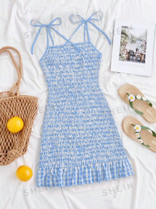 SHEIN WYWH Women\ Casual Holiday Grid Plaid Spaghetti Strap Dress With Ruffle Hem And Elastic Waist