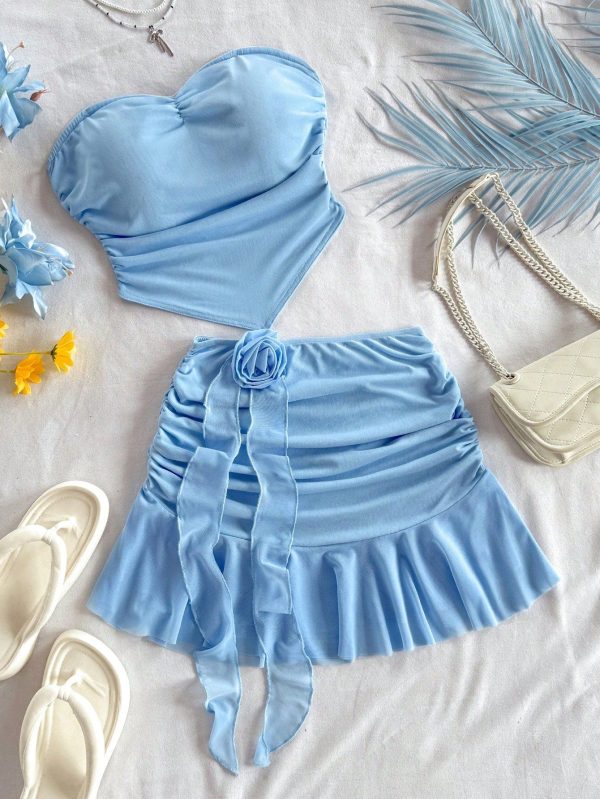 2pcs/Set Women Plain Pleated Bandeau Top And 3D Floral Decorated Mini Skirt,Summer Sets