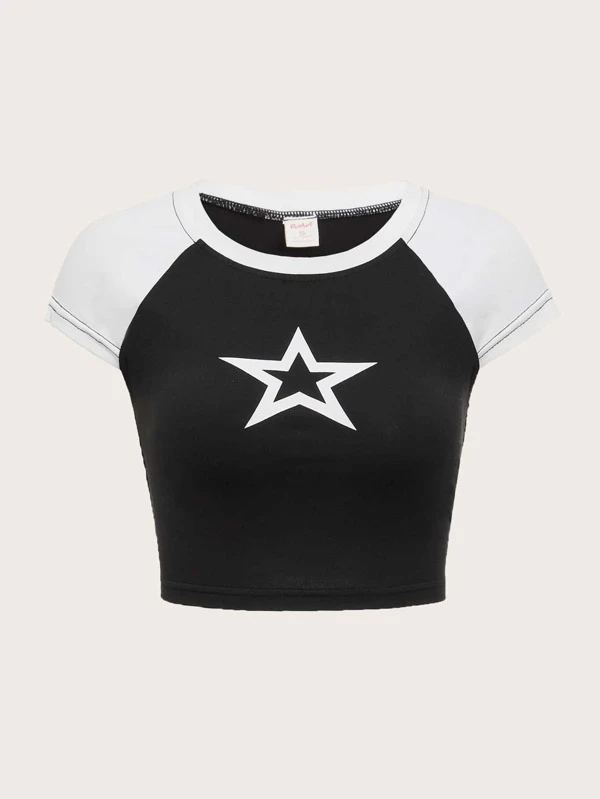 ROMWE Grunge Punk Camiseta con estampado de estrella de manga raglán | Moda de Mujer