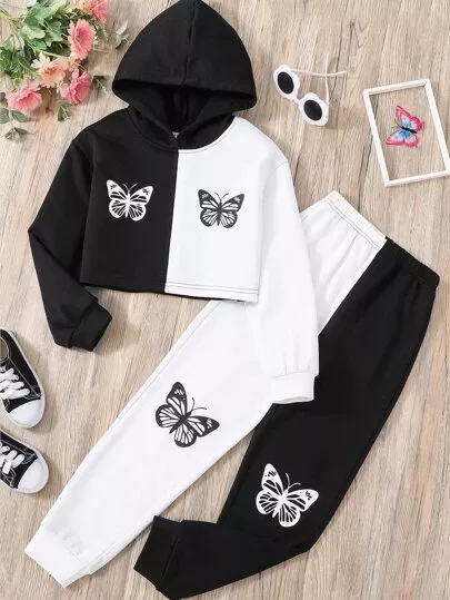 Conjunto De Sudadera Con Capucha Y Pantalón Deportivo Con Estampado De Mariposas En Dos Tonos Para Niñas Mayores | Moda de Mujer