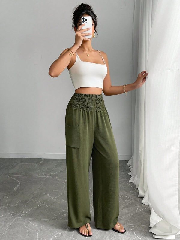 Relaxed Waist Summer Pants With Pockets, Straight Leg, Casual Vacation Fashion Trousers, Unique Wide Waistband Design, Loose Fit, Cool Fabric, Women