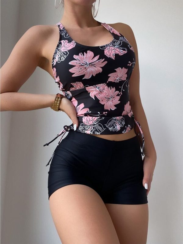 Swim Lushoire Summer Beach Random Floral Print Tankini Set Crisscross Back Drawstring Tank Top & Boxer Shorts 2 Pieces Swimwear