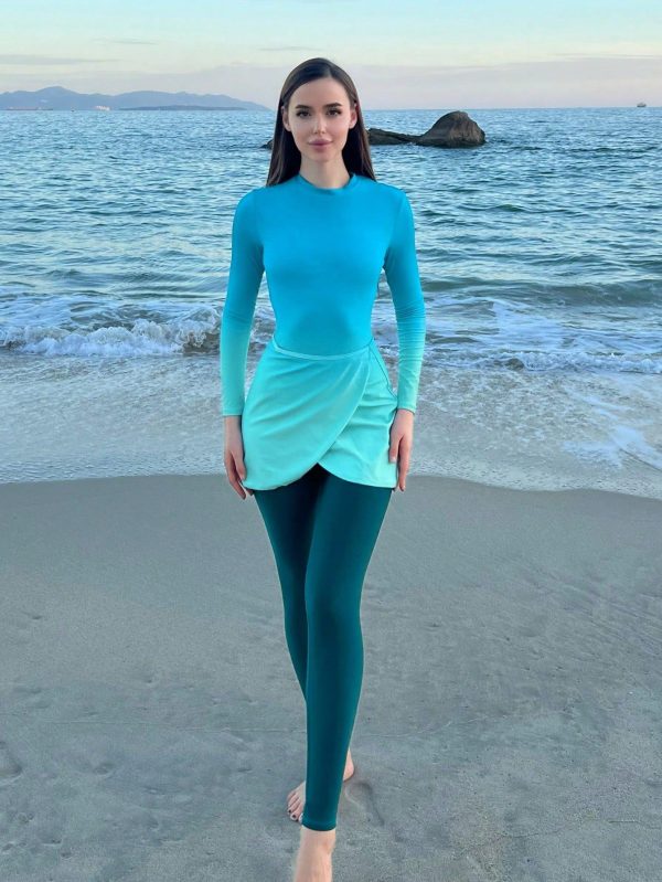 Summer Beach Long Sleeve Ombre One-Piece Swimsuit With Matching Wrap Skirt And Swim Bottoms Arabic Clothing