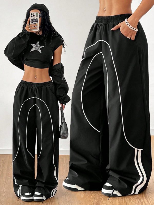 Girls Back To School Athleisure Woven Tape Black Wide Leg Sweatpants Joggers