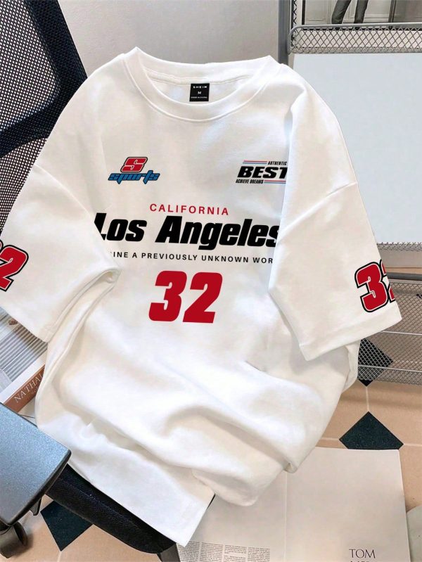 Men Plus Size Summer Los Angeles Letter Printed Casual Round Neck Short Sleeve T-Shirt, Going Out Street Wear