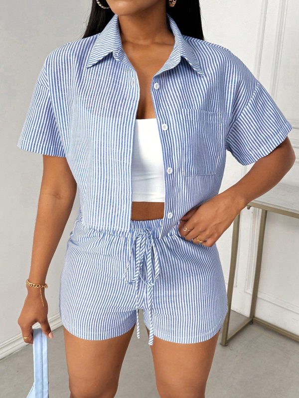 Women's Summer Striped Short Sleeve Casual Shirt And Shorts Set With Pockets