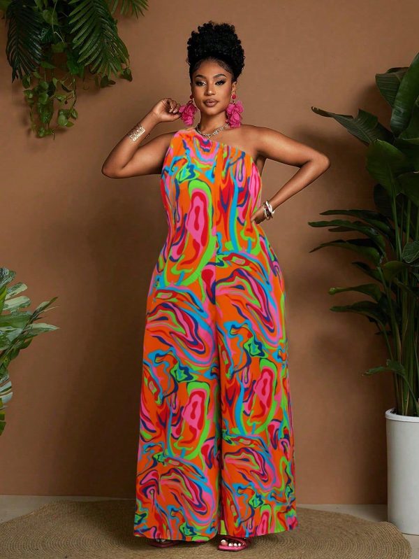 Plus Size Women All-Over Print Oblique Shoulder Wide Leg Jumpsuit, Casual Resort Wear