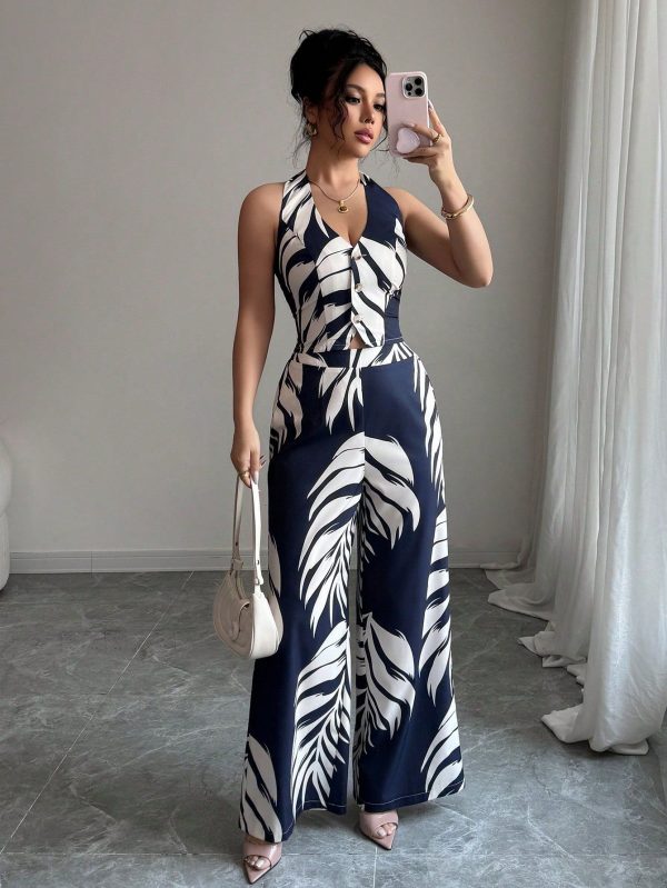 2pcs/Set Women Floral Palazzo Pants And Tie-Back Halter Neck Tank Top, Bohemian Resort Wear
