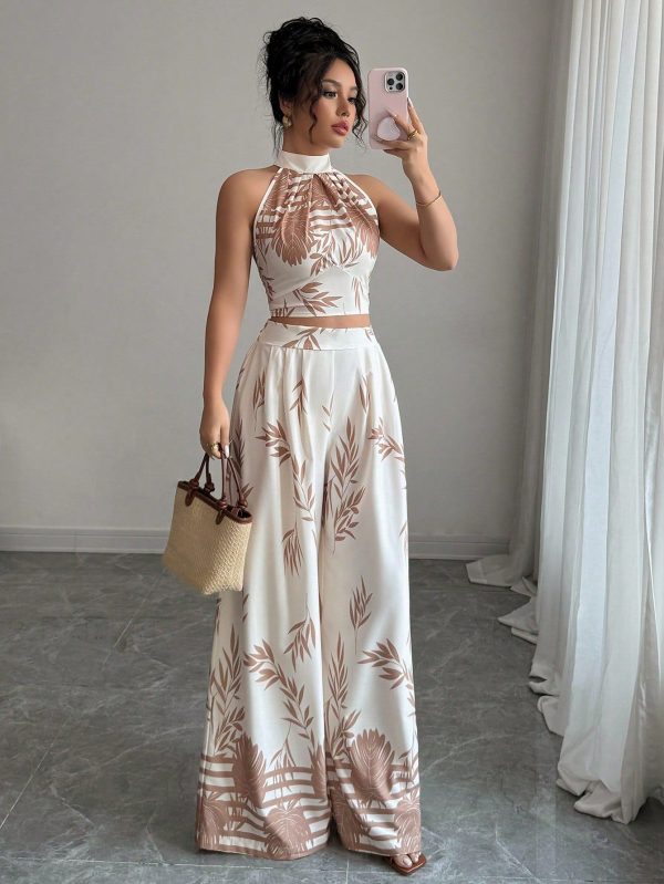 Women's Elegant Vacation 2 Pieces Set, Halter Neck, Backless Tie Waist, Printed Wide Leg Pants