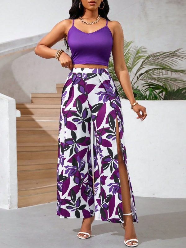 Women's 2pcs Summer Set, Sleeveless Top & Wide Leg Pants With High Slit, Holiday & Leisure
