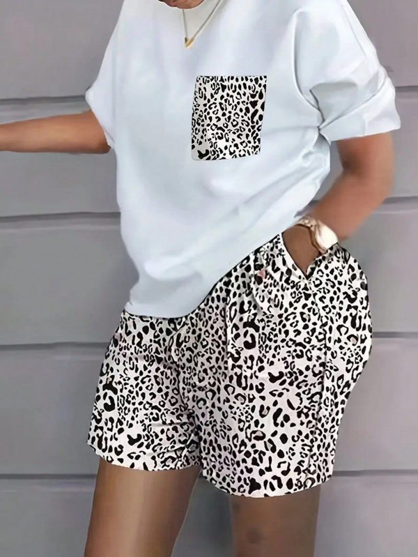 Women's Leopard Allover Print Short Sleeve Top And Shorts Set