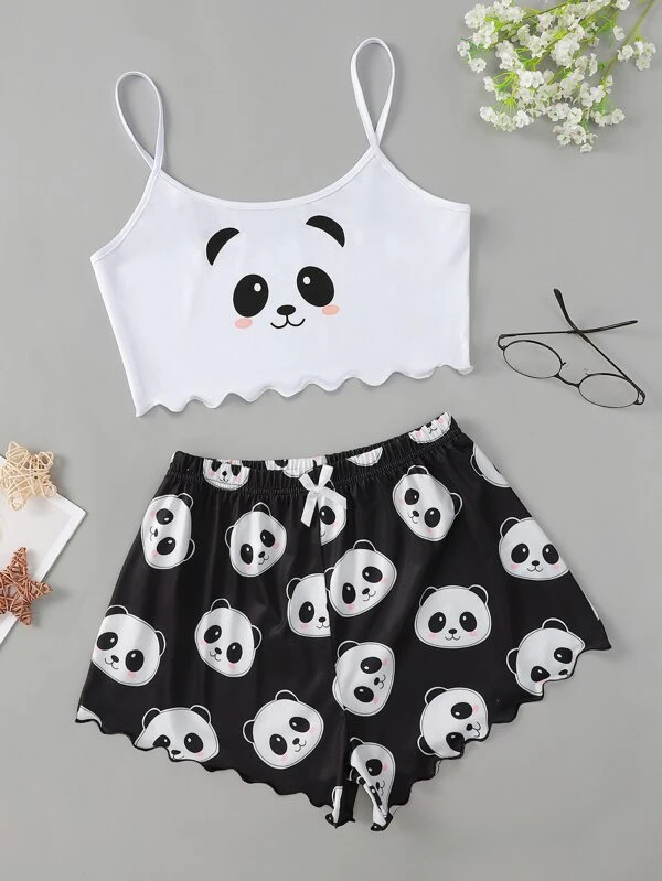 CoupledUp Conjunto de pijama con top tipo camiseta de tirantes con estampado de panda y borde de lechuga, y shorts | Moda de Mujer