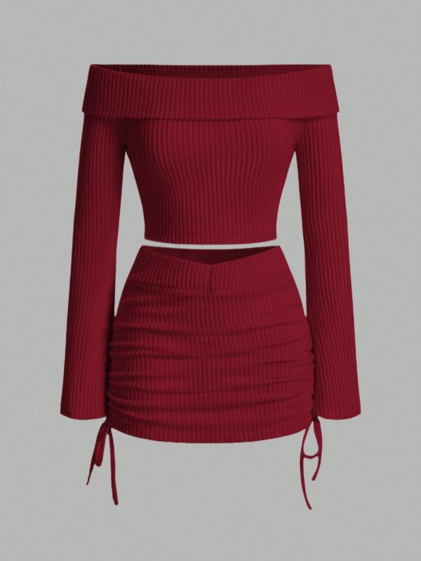 New Year Casual Knitted Ribbed Off Shoulder Top With Side Drawstring Skirt Set