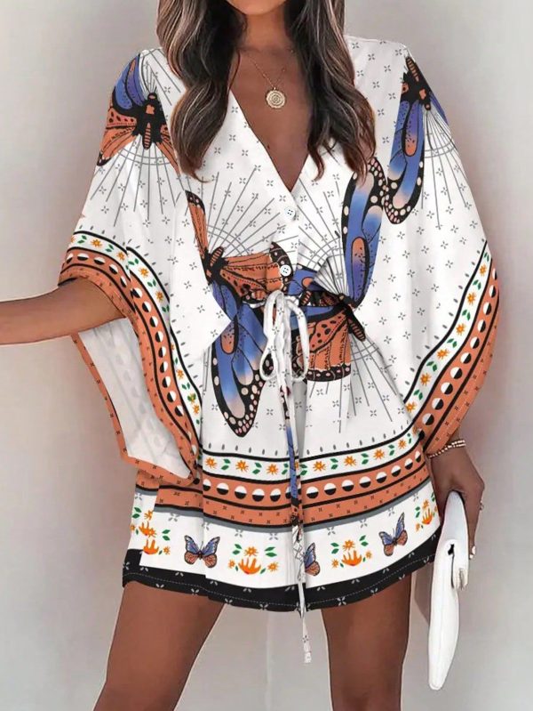 Women Summer Vacation Style Butterfly Printed Batwing Sleeve Loose Dress