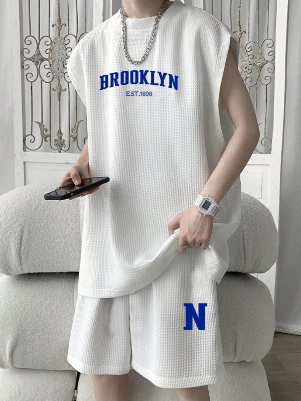 Men's Letter Printed Round Neck Top And Shorts Set