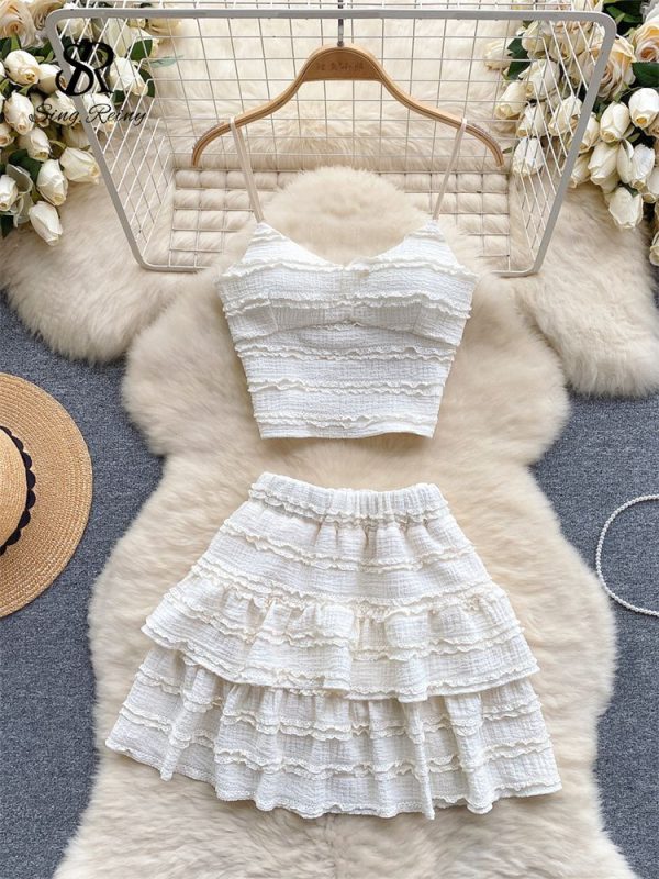 Zingj Sweet Ruched Two Pieces Sets V Neck Strap Crop Tops+Short Pleated Skirt Women Korean Style Chic Summer Beachwear Suits apricot-One Size