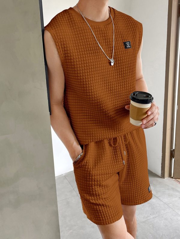 Men Cotton Letter Patched Detail Tank Top & Drawstring Waist Shorts
