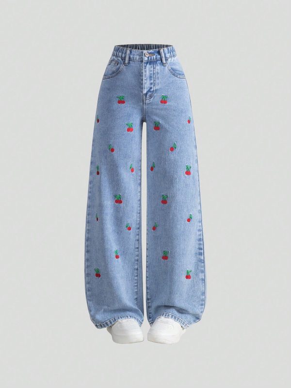 Calças Denim Casuais Desbotadas para Meninas Pré-adolescentes com Desenho Bordado, Caimento Reto