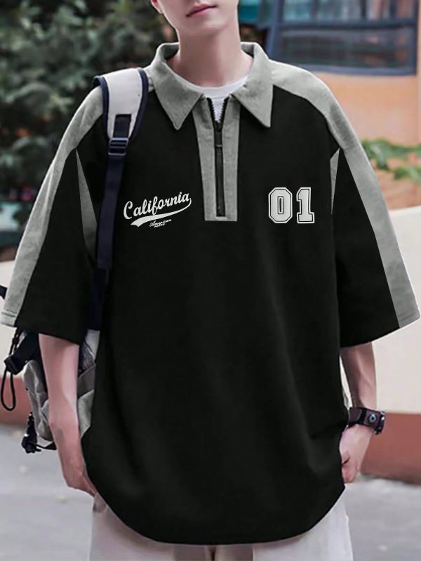 Loose Men's Raglan Sleeve Polo Shirt With Letter Print