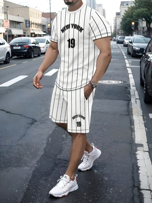 2025 summer new men's suit 3D printed men's round neck short sleeve 2-piece set city street trend