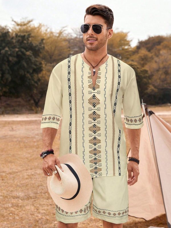 Geo Print Notch Neck Relaxed Fit Top & Shorts Set For Men Men Resort Wear Men Vacation Wear Vacation Outfits For Men