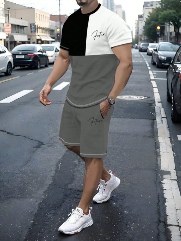 Men's 2 Pieces Color-Block Color-Block Casual Wear, Summer Men's Short-Sleeved Crewneck T-Shirt And Drawstring Shorts With Pockets.