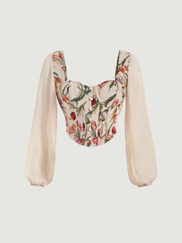 Blusa cropped impressão floral manga da lanterna