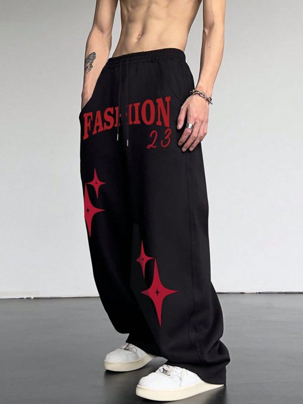 Men Casual Star & Letter Graphic Printed Drawstring Waist Wide-Legged Sweatpants, Going Out Long Street Wear Baggy Sweatpants, For Husband, Boyfriend Gifts