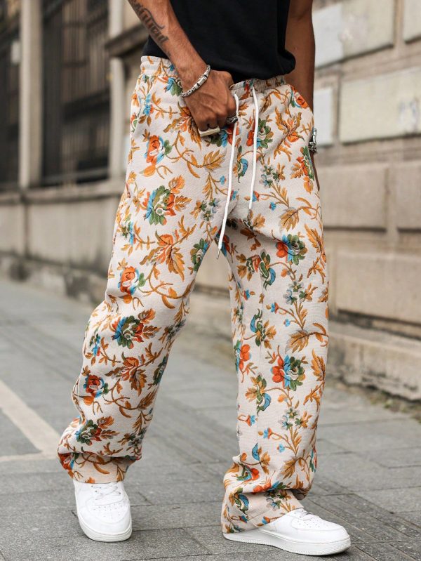 Men's Casual Everyday And Beach Vacation Style, INS Matching Item: Classic Best-Selling Blue Art Floral Woven Textured Jacquard Trousers With Elastic Waistband. Perfect For Spring And Summer Clothing, Perfect For Beach Vacation, An Ideal Gift For Your Boyfriend Or Husband." Patterned Trousers, Hawaiian Beach Vacation Men's Trousers Suits Men's Clothing Men's Trousers Men's Long Clothes Men's Clothing Men's Shorts Men's Long Clothes