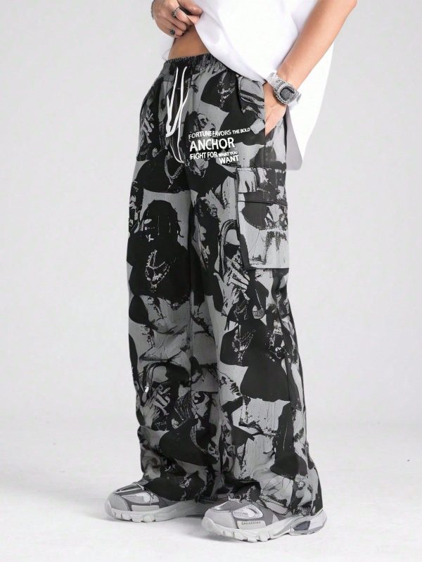 Men Fashion Versatile Drawstring Waist Full Print Woven Long Pants