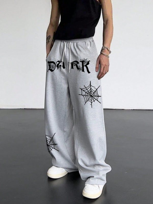Men's Casual Letter & Spider Web Printed Sweatpants With Slant Pockets And Adjustable Drawstring Waist