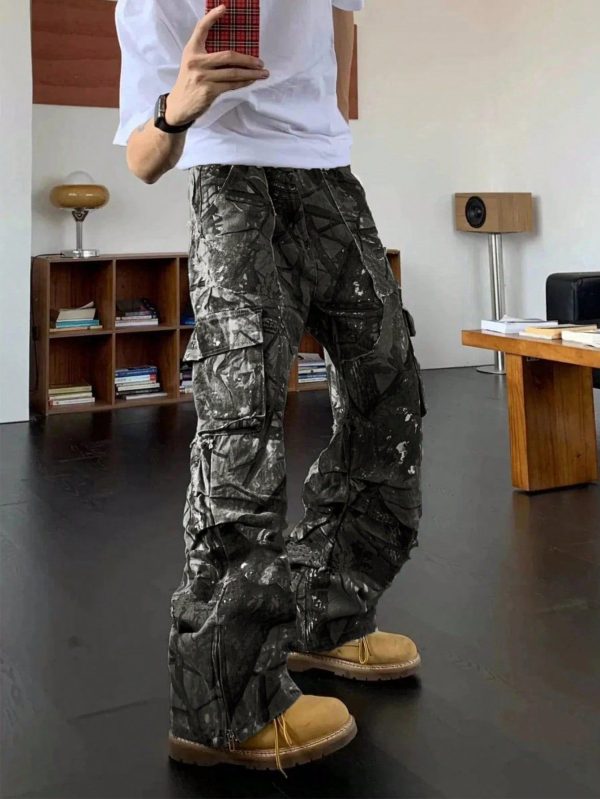 Men's Fashionable Cargo Pants With Leaf Print, Casual Loose Flared Leg Zipper Design Trousers