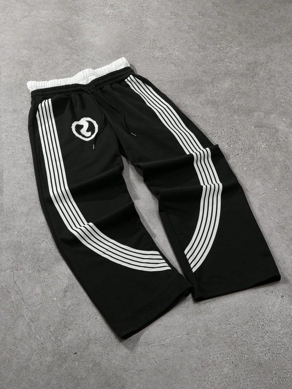 Manfinity Streetrush Men's Sweatpants One-Piece, 2 In 1 Double Waistband Design, Imitation Applique Embroidery Craftsmanship, Side Stripe Printing, Elastic Waistband Men Track Pants Gym Pants For Men Sport Pants For Men Men Gym Pants Street Wear Pants Men
