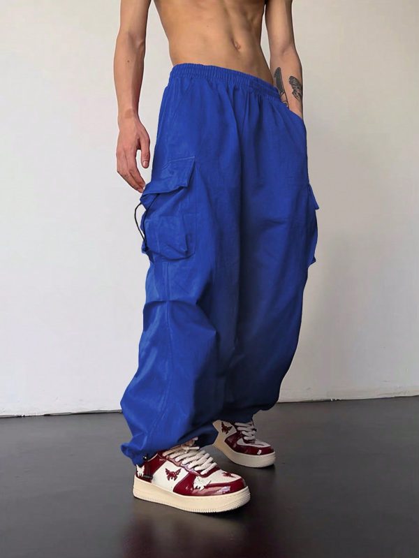 Men's Solid Color Drawstring Waist Cargo Pockets Loose Fit Casual Wide Leg Pants
