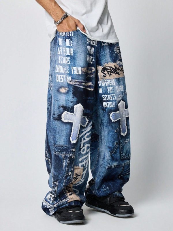 Men's Fashion Fashionable Denim Effect Print Wide Leg Long Pants