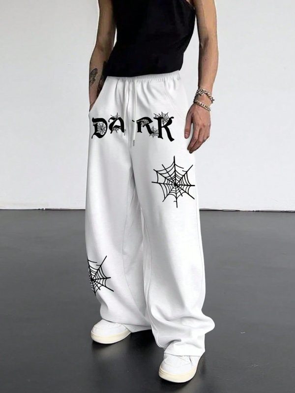 Men's Letter And Spider Web Print Drawstring Waist Jogger Pants