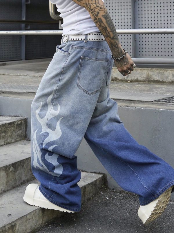 Men's Vintage Light Blue Distressed Denim Loose Wide Leg Pants With Graffiti Tie-Dye Effect Graphic