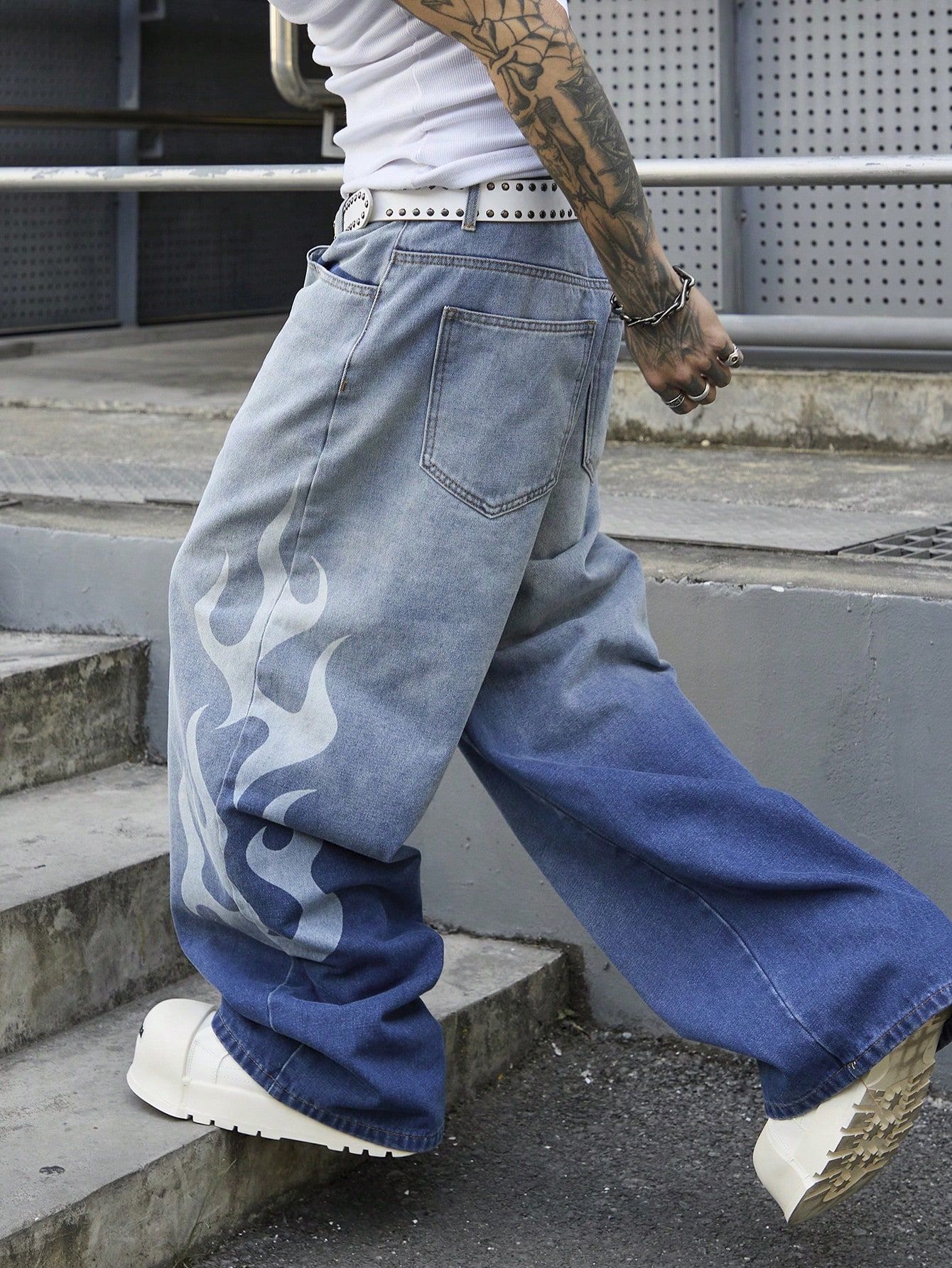 Men's Vintage Light Blue Distressed Denim Loose Wide Leg Pants With Graffiti Tie-Dye Effect Graphic