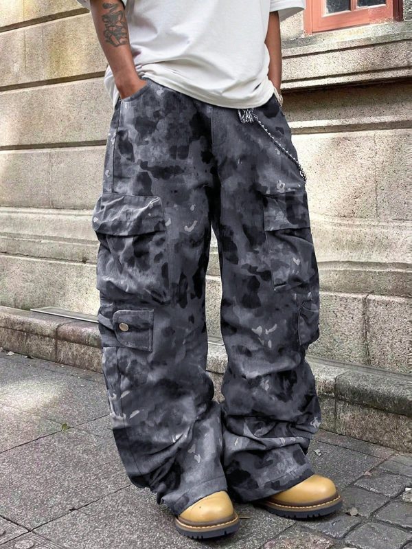 Men's Vintage Fade-Out Straight-Leg Cargo Pants, Multi-Pocket Camouflage Military Style Trousers,Men's Street Vintage Stained Trousers Multi-Pocket Camouflage Workers' Pants, Suitable For Everyday Street Cool Clothes,For Friends, Husband, Boyfriend Gifts