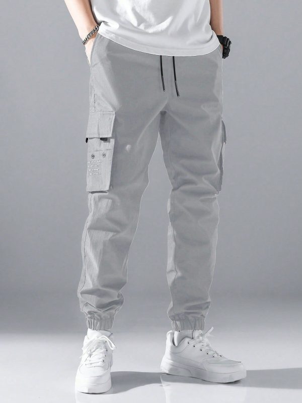 Loose Fit Men's Cargo Pants With Flap Pockets, Drawstring Waist And Side Pockets