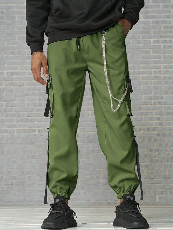 Men Chain Detail Flap Pocket Side Cargo Pants