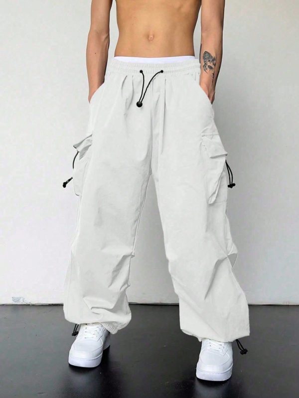 Pantalones De Carga Extragrandes De Cintura Con Cordón Lateral Con Bolsillo De Solapa Para Hombres