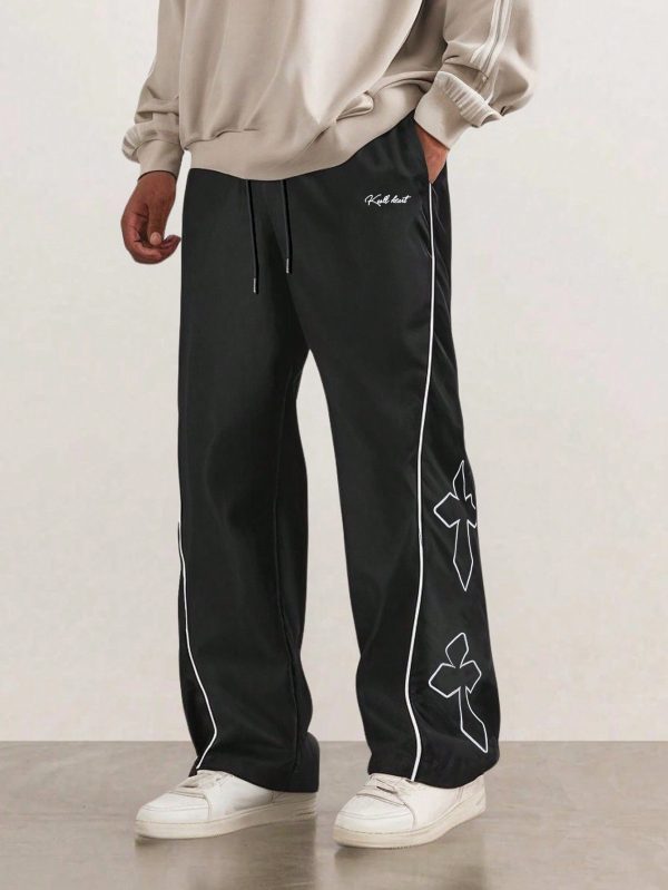 Men Casual Versatile Cross & Letter Embroidered Contrast Trim Drawstring Waist Pants, Going Out Long Baggy Slacks Color Block Pants, For Husband, Boyfriend Gifts