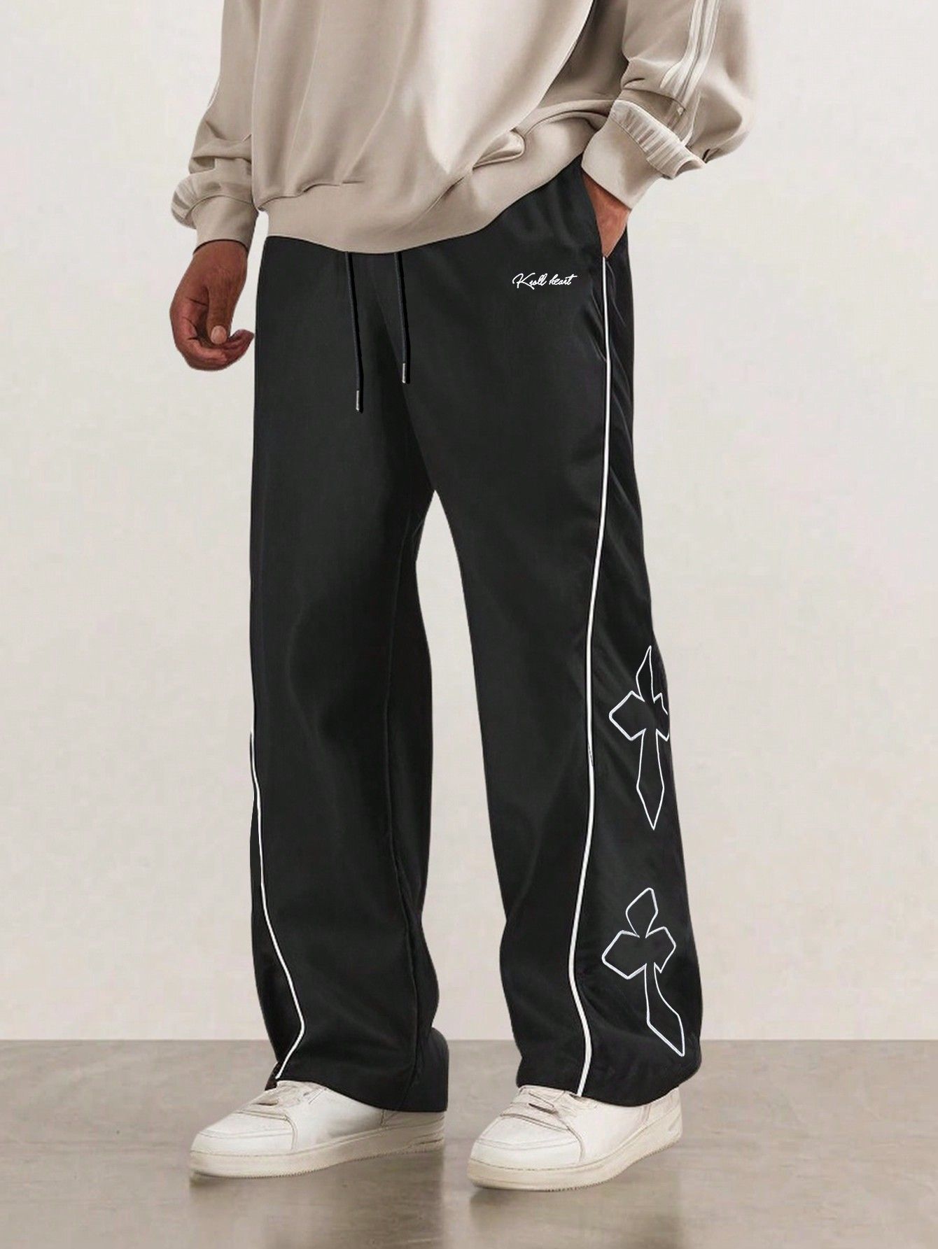 Men Casual Versatile Cross & Letter Embroidered Contrast Trim Drawstring Waist Pants, Going Out Long Baggy Slacks Color Block Pants, For Husband, Boyfriend Gifts